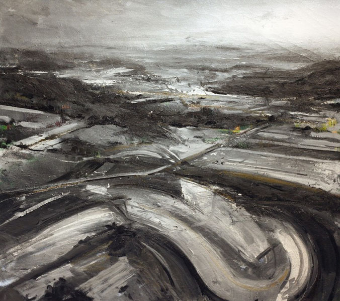 Black and white oil painting of a city and county landscape