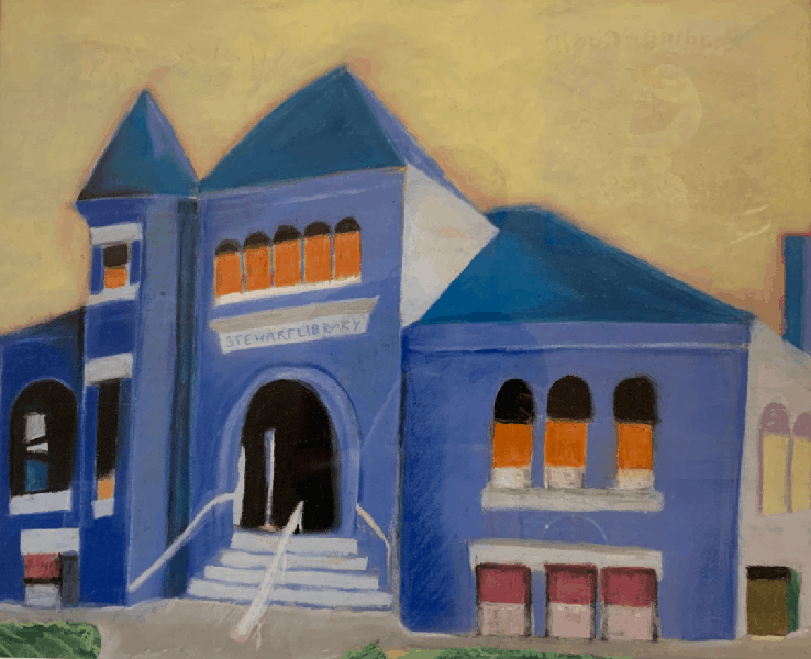 Chalk pastel of the front of the Stewart Library building