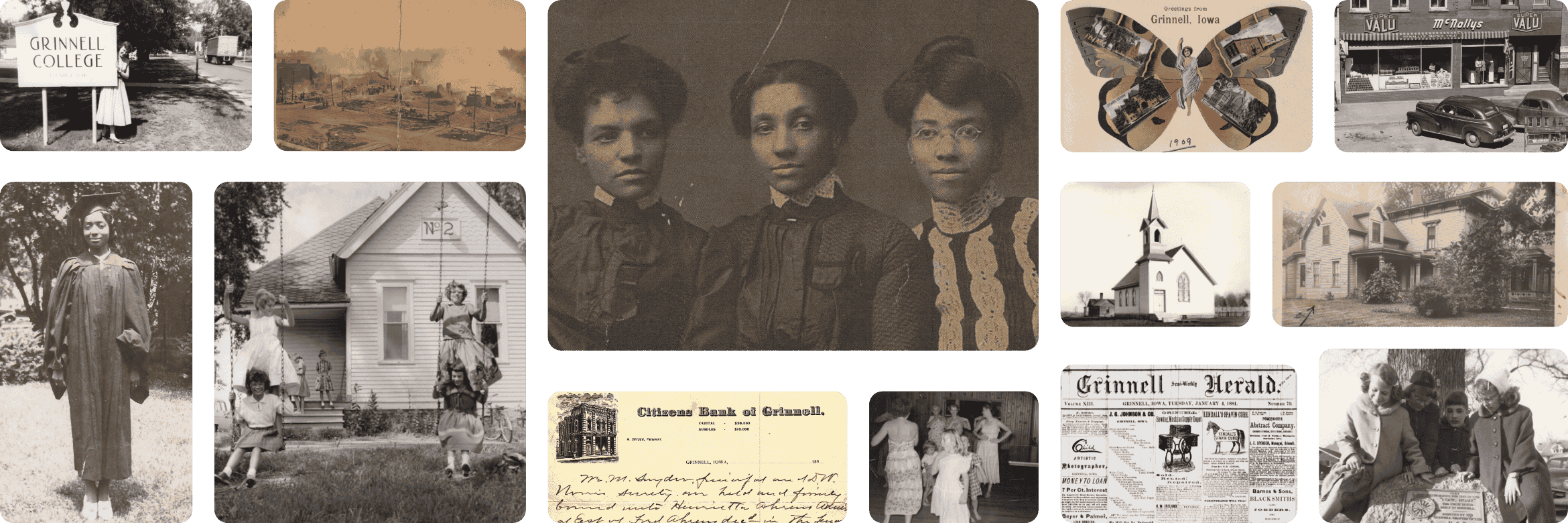 Local History collage header including thirteen different historical images and ephemera from the Grinnell Archival Collection