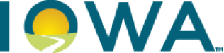 Iowa blue text logo with the sunset and a road inside of the letter O