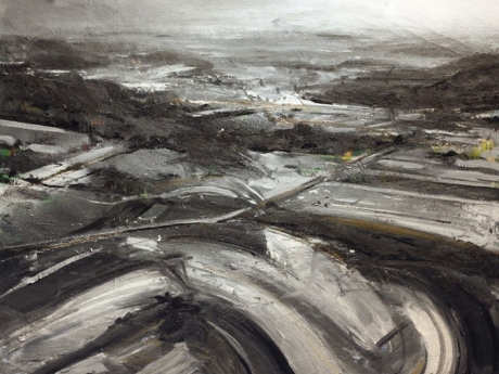 Black and white oil painting of a city and county landscape