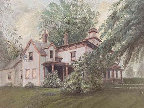 Oil painting of J.B. Grinnell's home with trees all around the house
