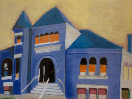 Chalk pastel of the front of the Stewart Library building