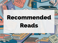 Recommended Reads text with book graphics in the background