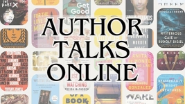 Author Talks Online text with book covers faded in the background