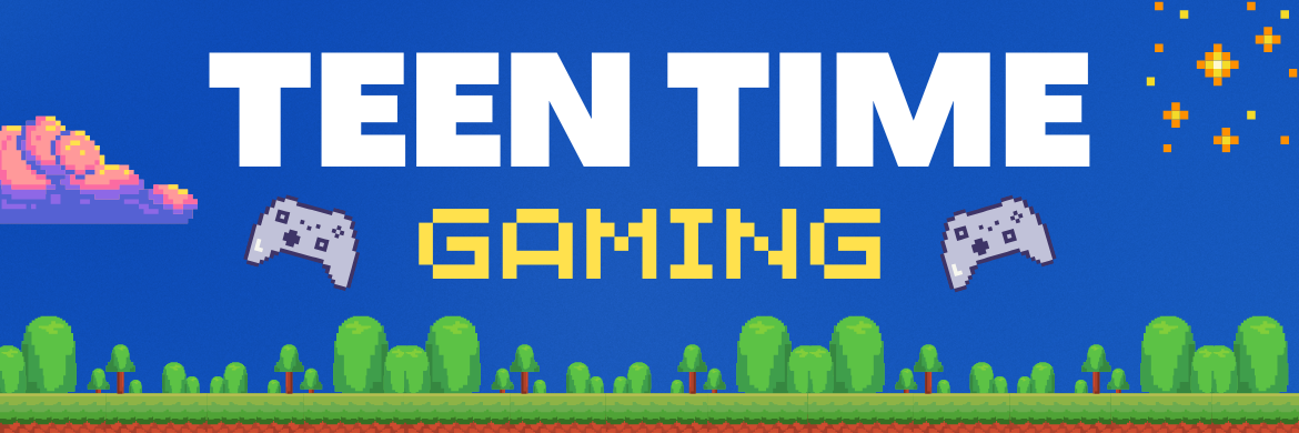 Teen Time Gaming with pixel art background